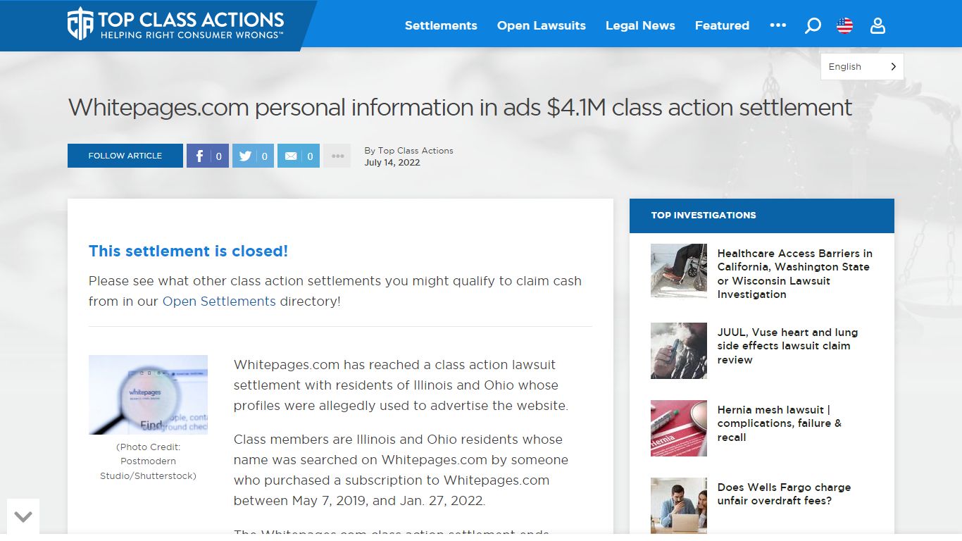 Whitepages.com personal information in ads $4.1M class action ...